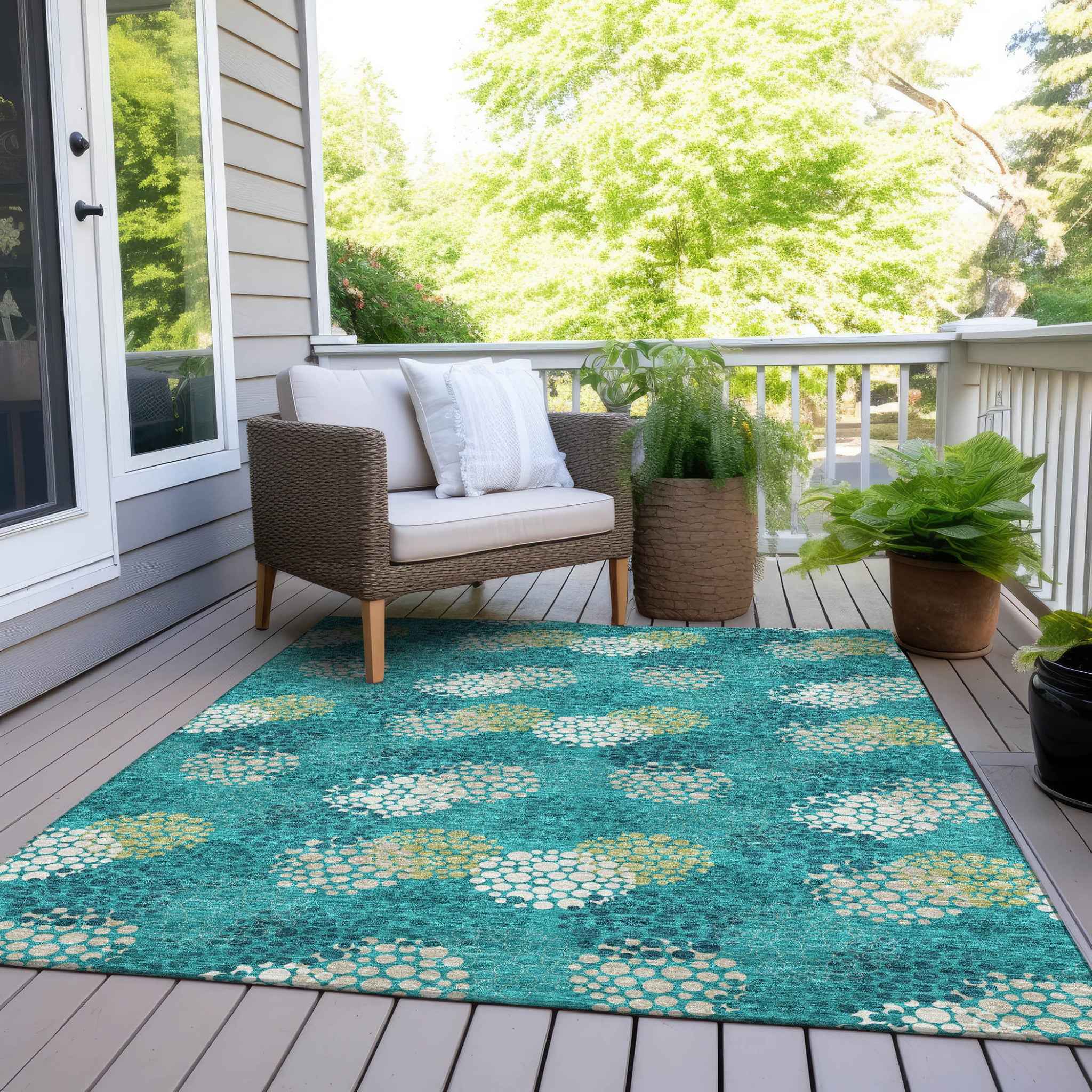 8' X 10' Emerald Gray And Ivory Polka Dot Washable Indoor Outdoor Area Rug