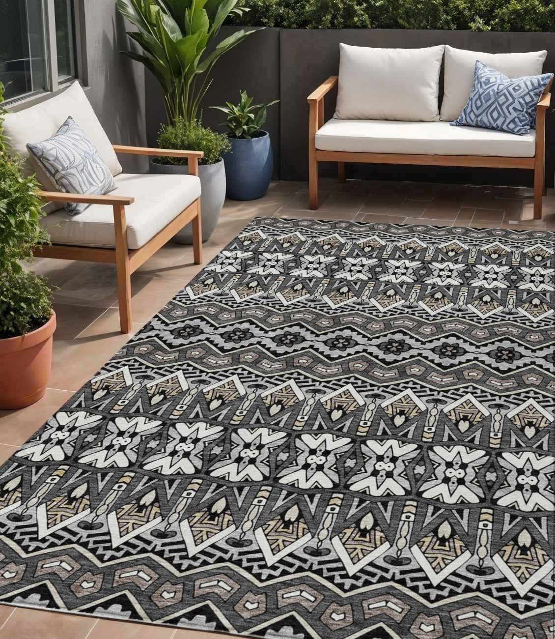 5' X 8' Charcoal Brown And Ivory Moroccan Washable Indoor Outdoor Area Rug