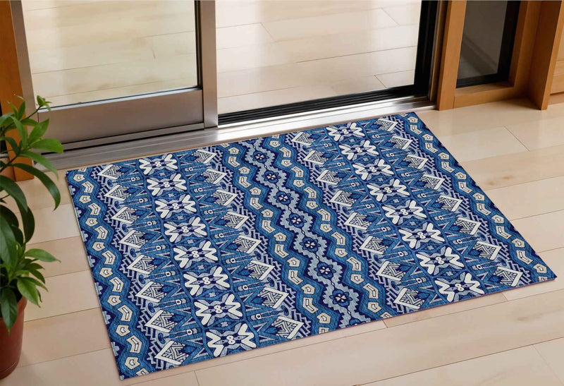 3' X 5' Navy Blue And Ivory Moroccan Washable Indoor Outdoor Area Rug