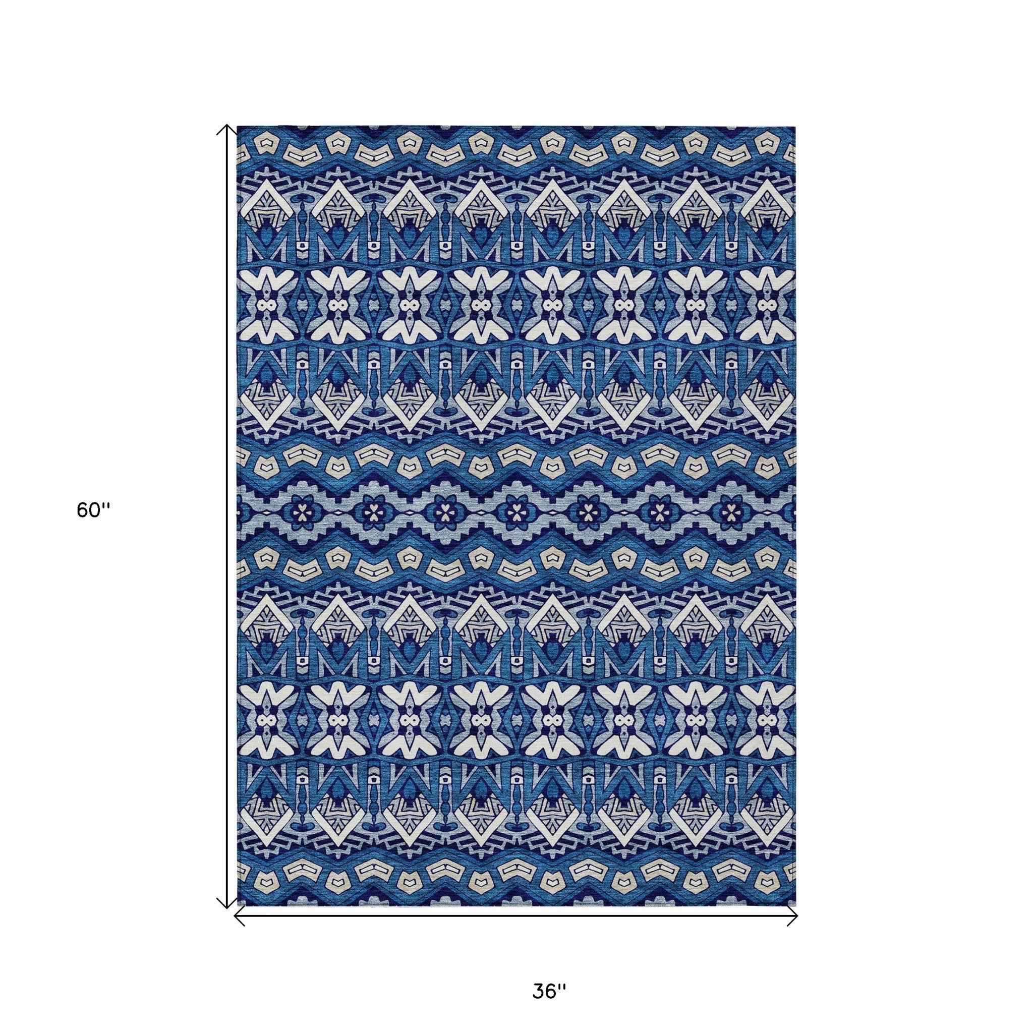 3' X 5' Navy Blue And Ivory Moroccan Washable Indoor Outdoor Area Rug