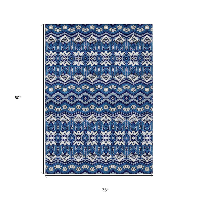3' X 5' Navy Blue And Ivory Moroccan Washable Indoor Outdoor Area Rug