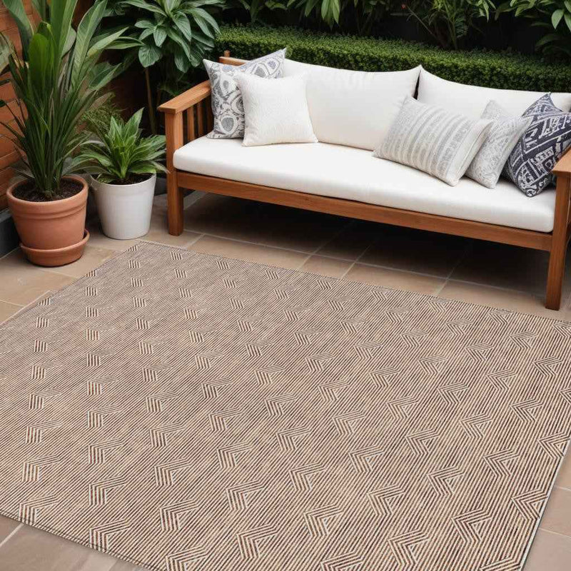 8' X 10' Brown And Beige Geometric Washable Indoor Outdoor Area Rug