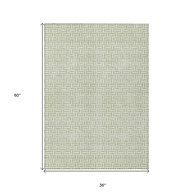 3' X 5' Artichoke Green And Gray Geometric Washable Indoor Outdoor Area Rug
