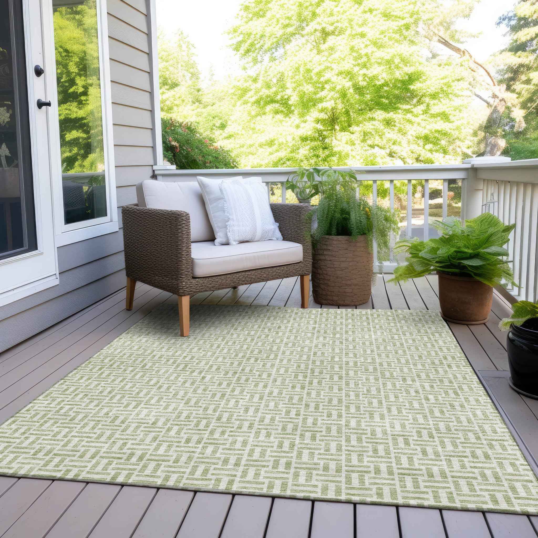 3' X 5' Artichoke Green And Gray Geometric Washable Indoor Outdoor Area Rug