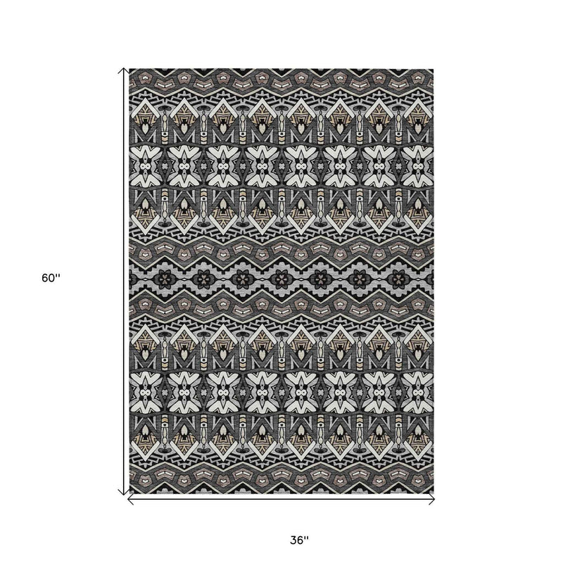 3' X 5' Charcoal Brown And Ivory Moroccan Washable Indoor Outdoor Area Rug