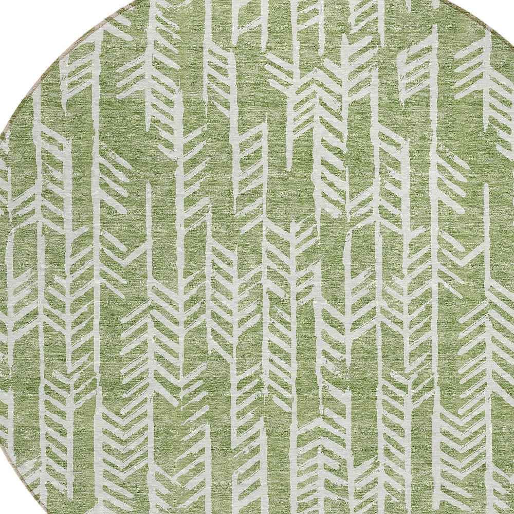 8' Green And Ivory Round Tribal Washable Indoor Outdoor Area Rug