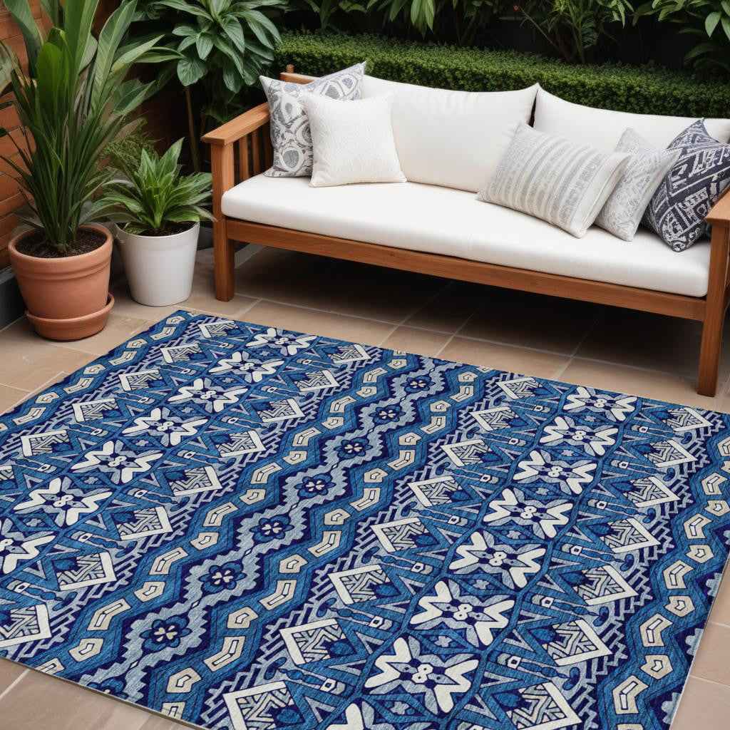 10' X 14' Navy Blue And Ivory Moroccan Washable Indoor Outdoor Area Rug