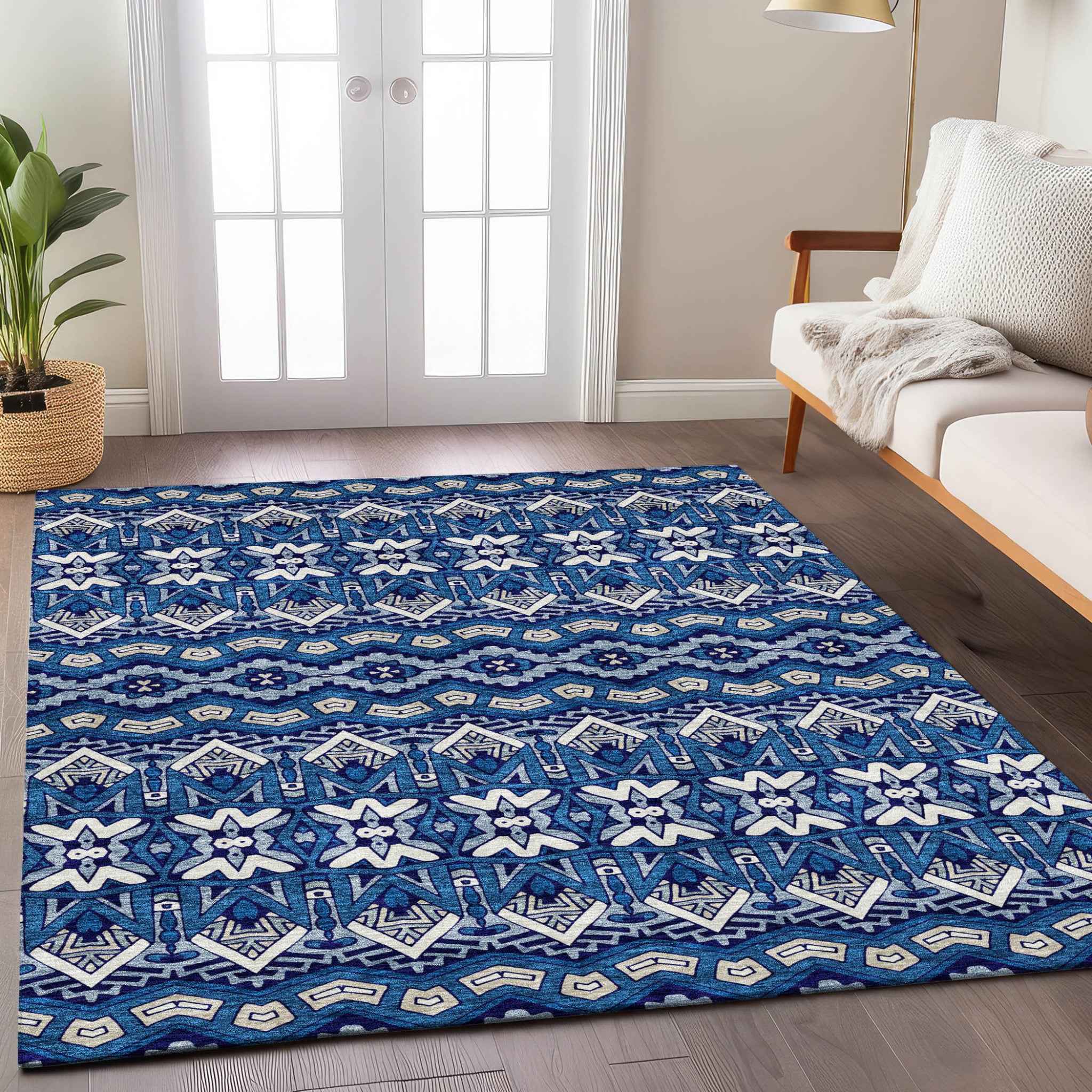 10' X 14' Navy Blue And Ivory Moroccan Washable Indoor Outdoor Area Rug
