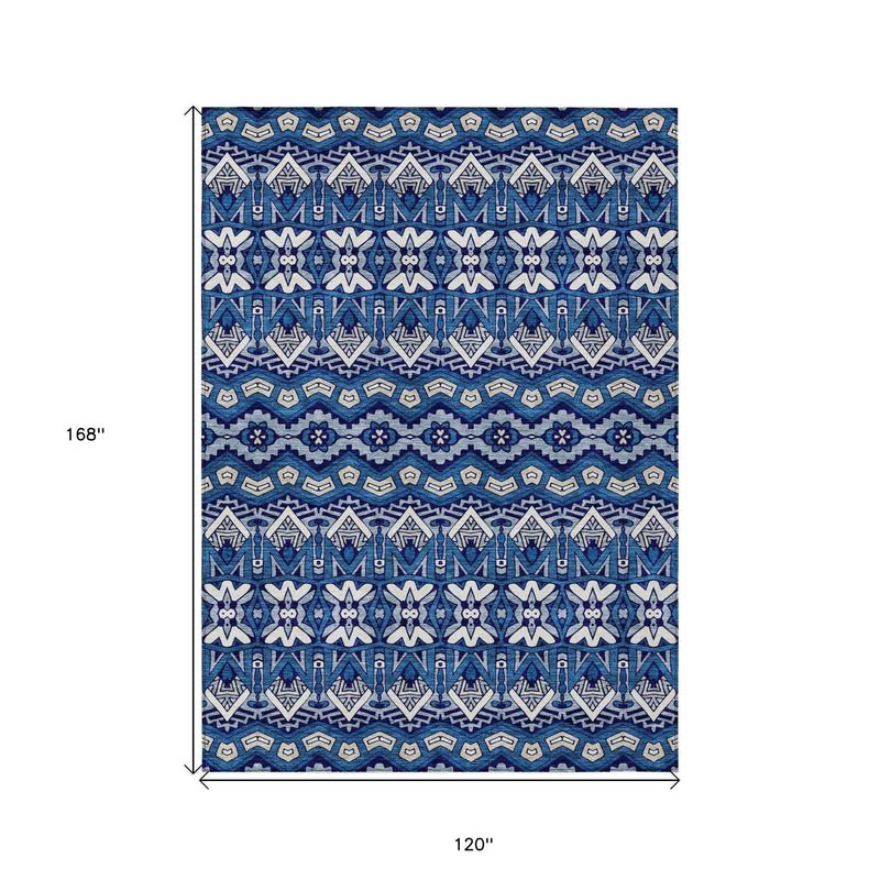 10' X 14' Navy Blue And Ivory Moroccan Washable Indoor Outdoor Area Rug