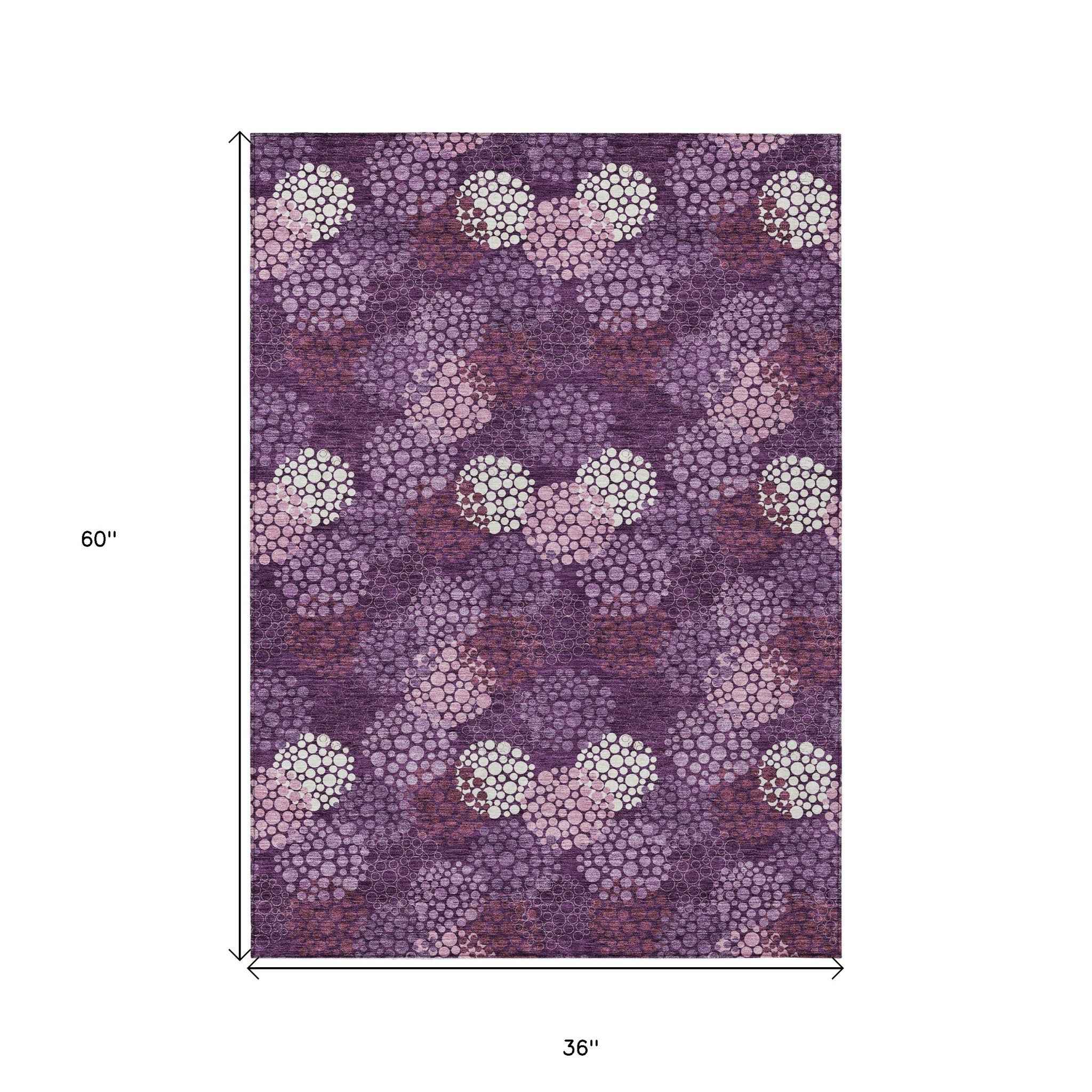 3' X 5' Eggplant Lavender And Ivory Polka Dot Washable Indoor Outdoor Area Rug