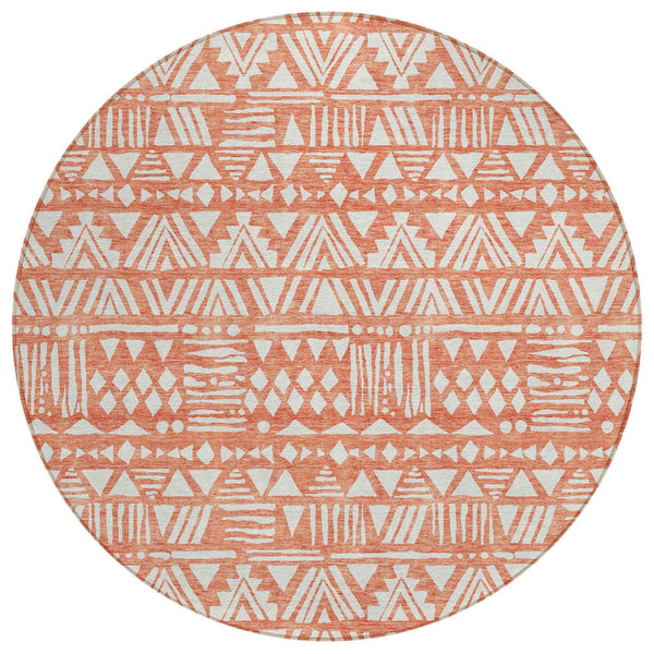 8' Coral And Ivory Round Southwestern Washable Indoor Outdoor Area Rug