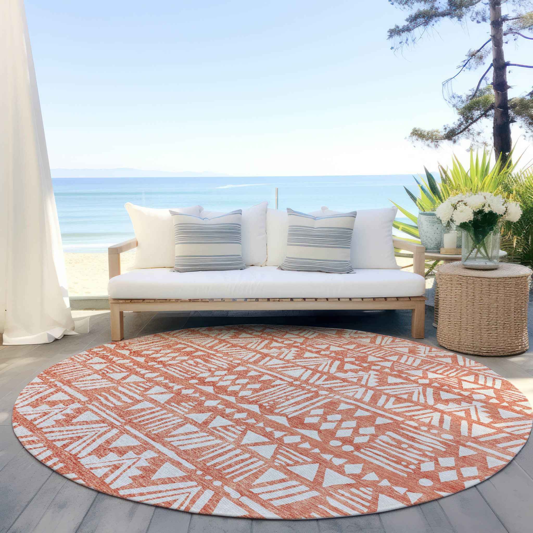 8' Coral And Ivory Round Southwestern Washable Indoor Outdoor Area Rug