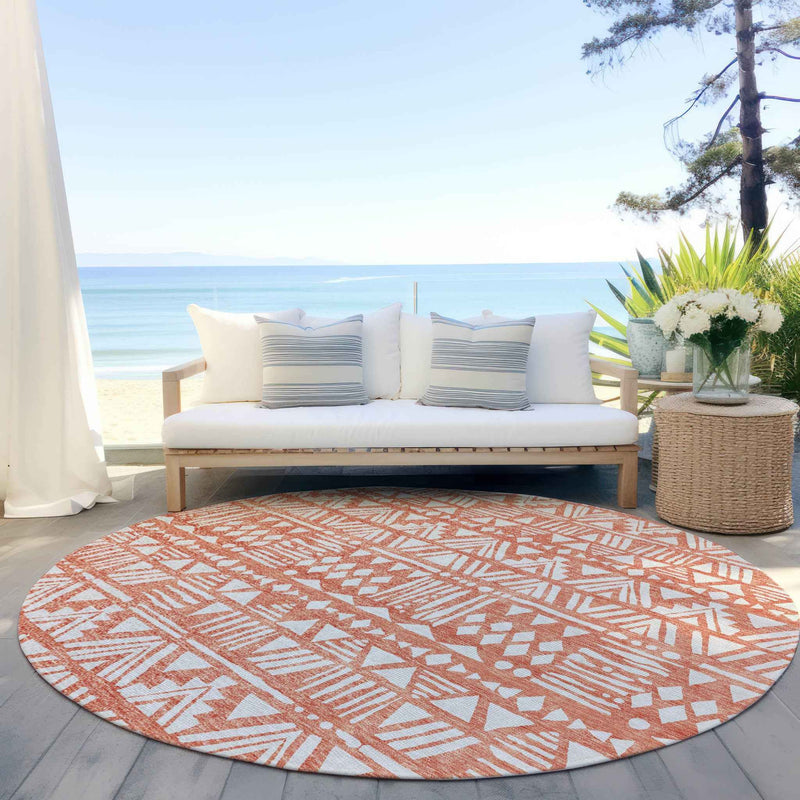 8' Coral And Ivory Round Southwestern Washable Indoor Outdoor Area Rug