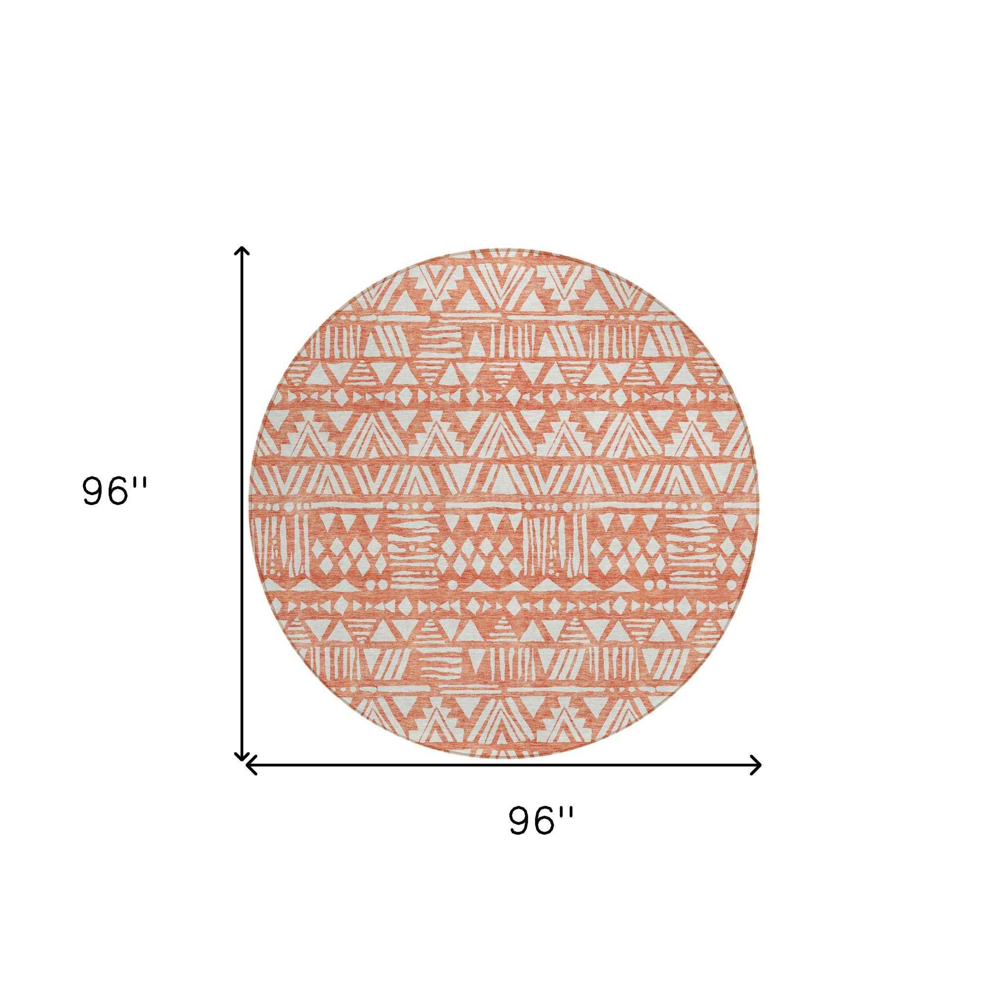 8' Coral And Ivory Round Southwestern Washable Indoor Outdoor Area Rug