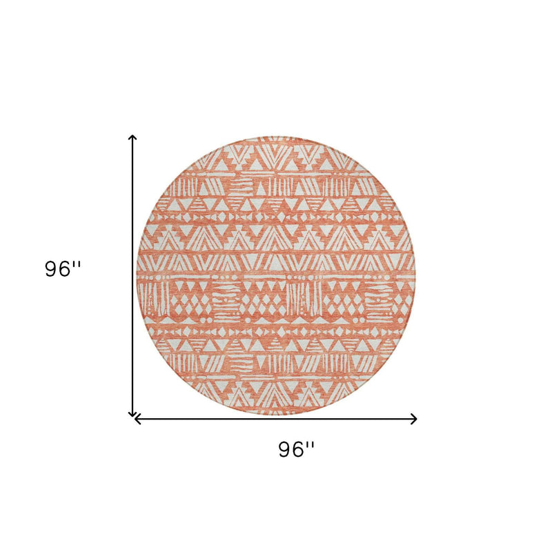 8' Coral And Ivory Round Southwestern Washable Indoor Outdoor Area Rug