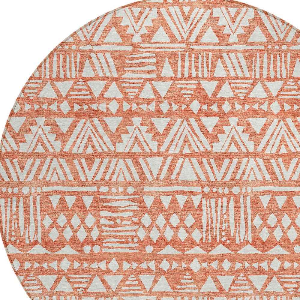 8' Coral And Ivory Round Southwestern Washable Indoor Outdoor Area Rug