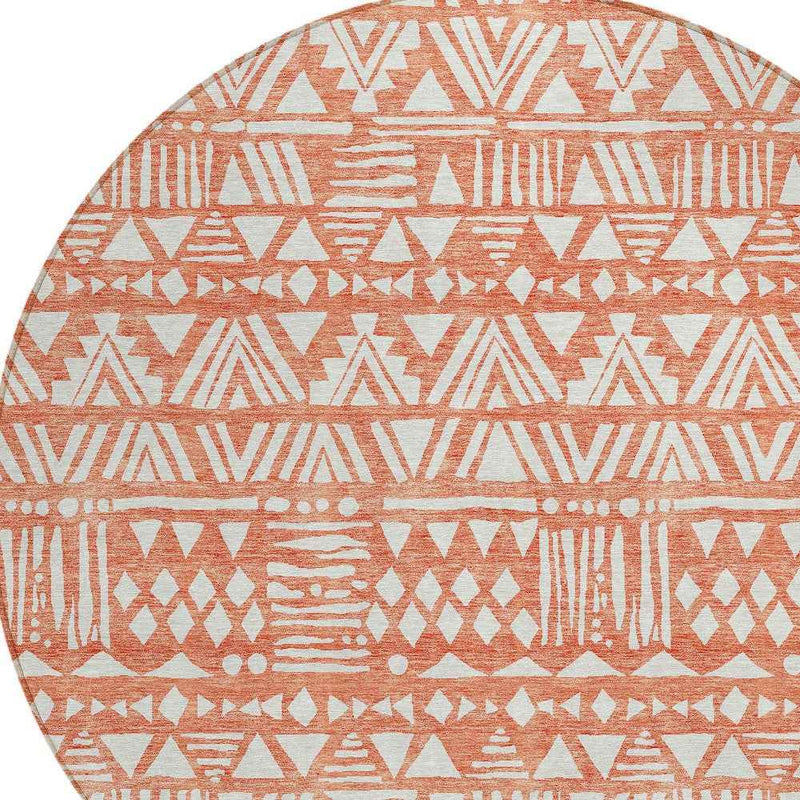 8' Coral And Ivory Round Southwestern Washable Indoor Outdoor Area Rug