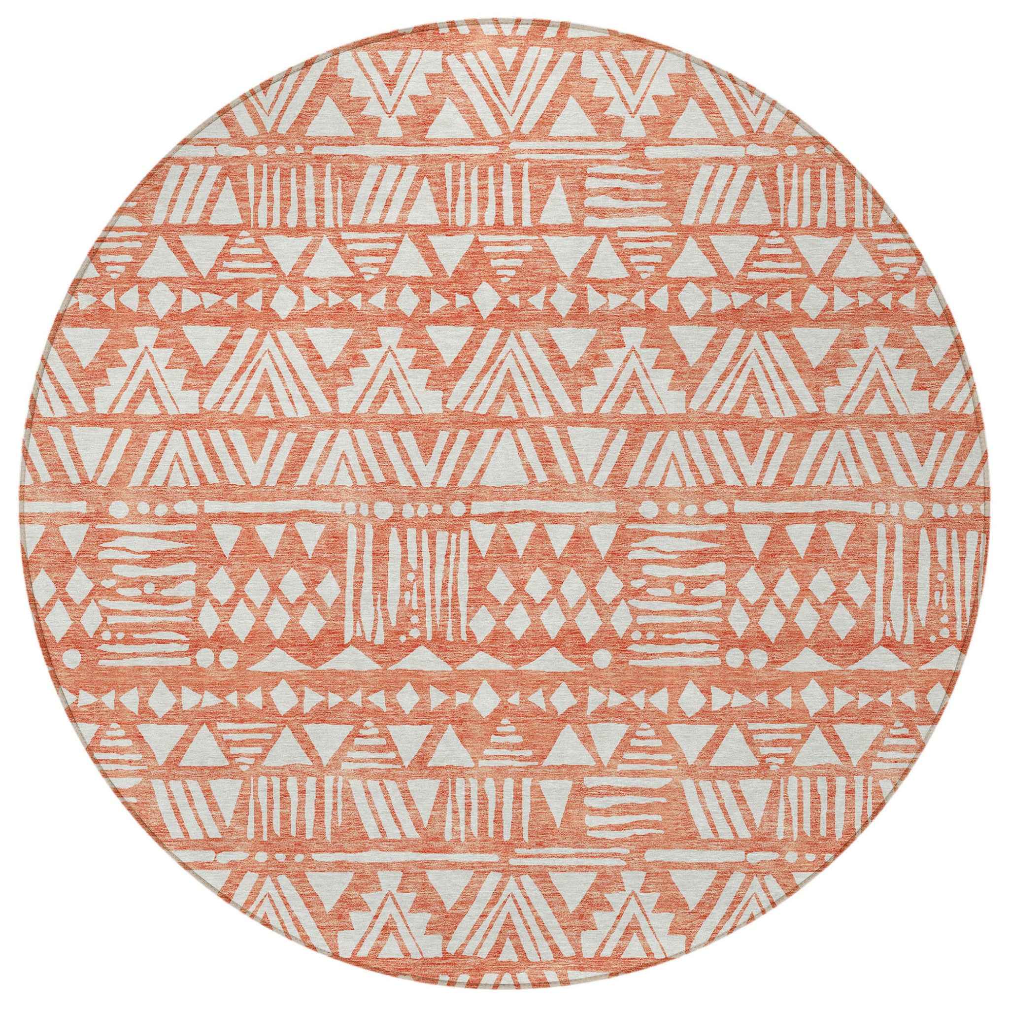 8' Coral And Ivory Round Southwestern Washable Indoor Outdoor Area Rug