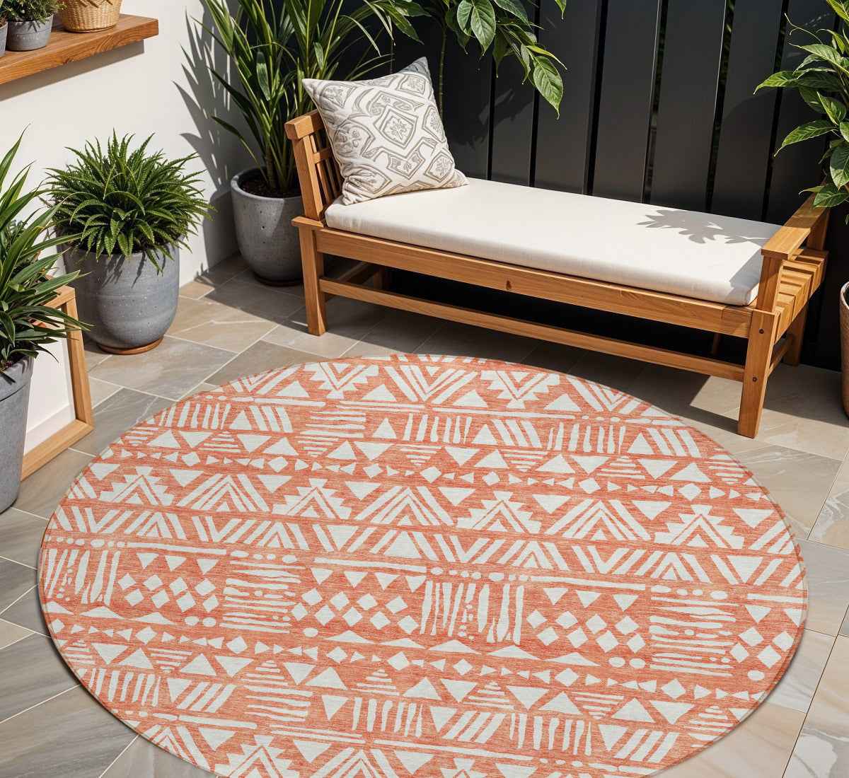 8' Coral And Ivory Round Southwestern Washable Indoor Outdoor Area Rug