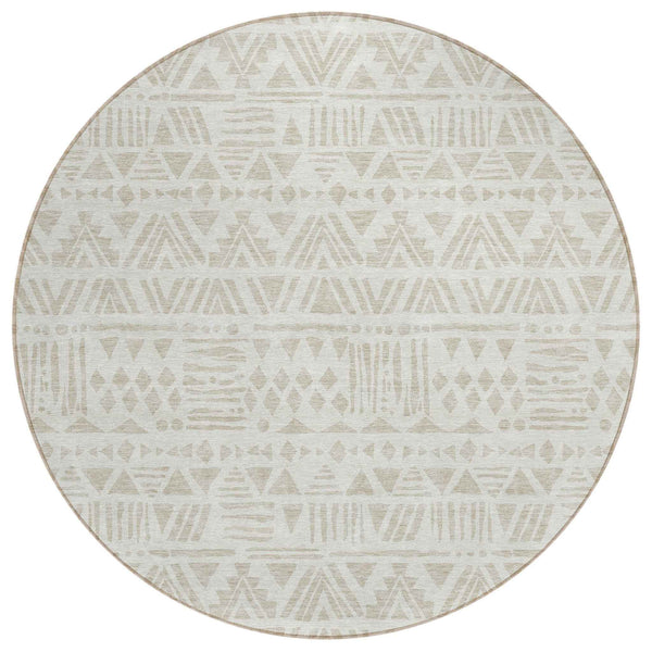 8' Ivory And Beige Round Southwestern Washable Indoor Outdoor Area Rug