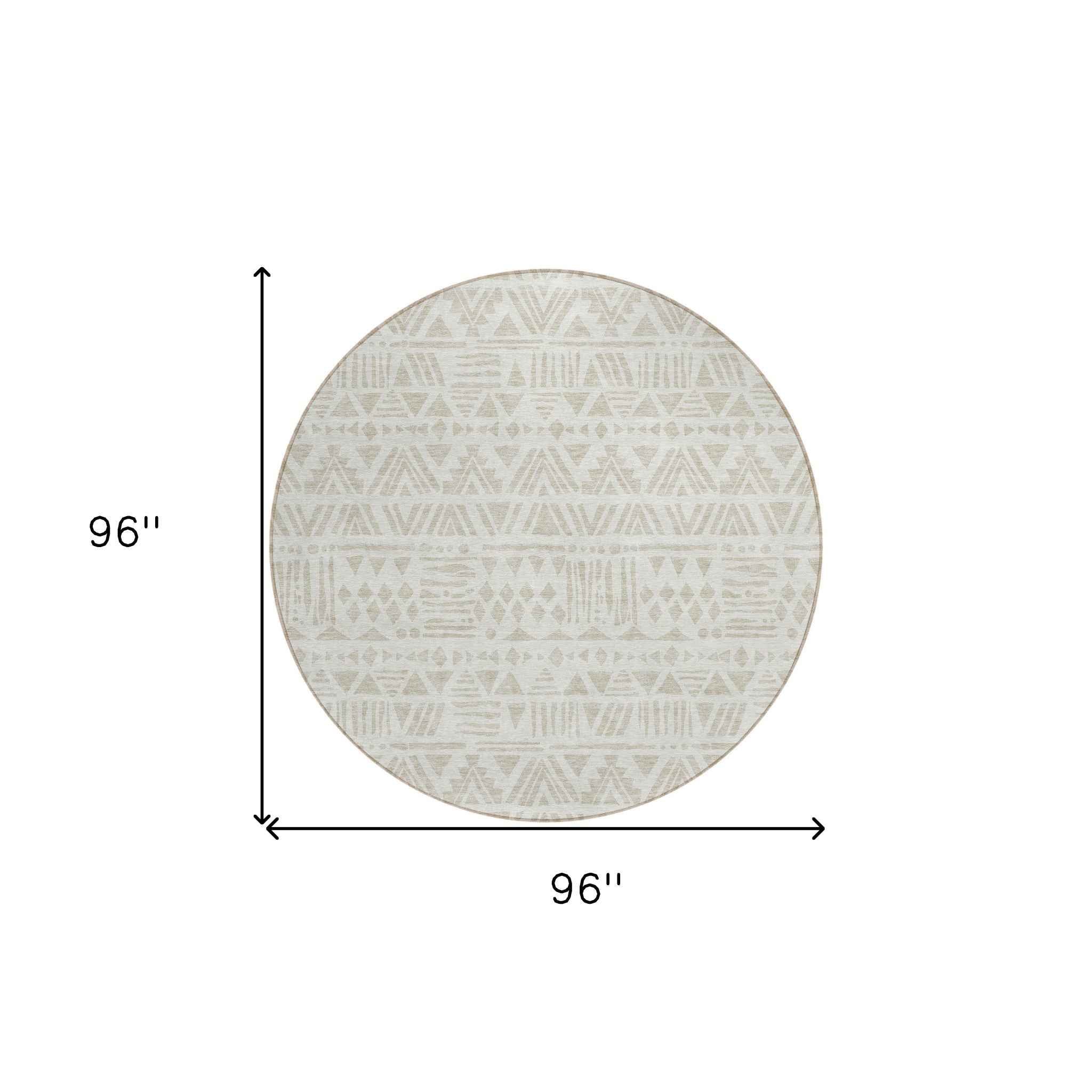 8' Ivory And Beige Round Southwestern Washable Indoor Outdoor Area Rug