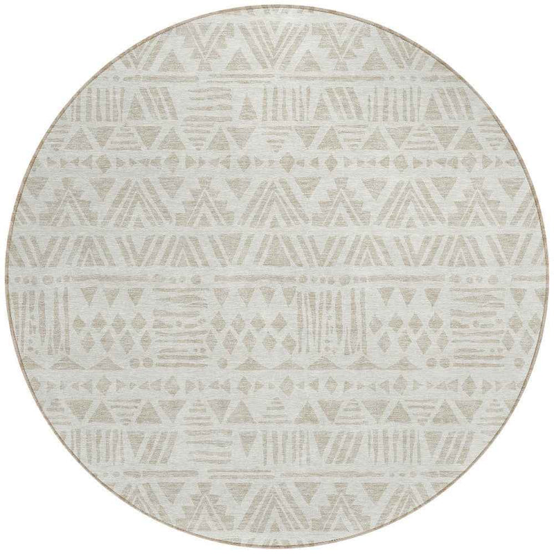 8' Ivory And Beige Round Southwestern Washable Indoor Outdoor Area Rug