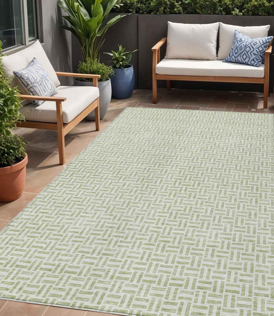 5' X 8' Artichoke Green And Gray Geometric Washable Indoor Outdoor Area Rug