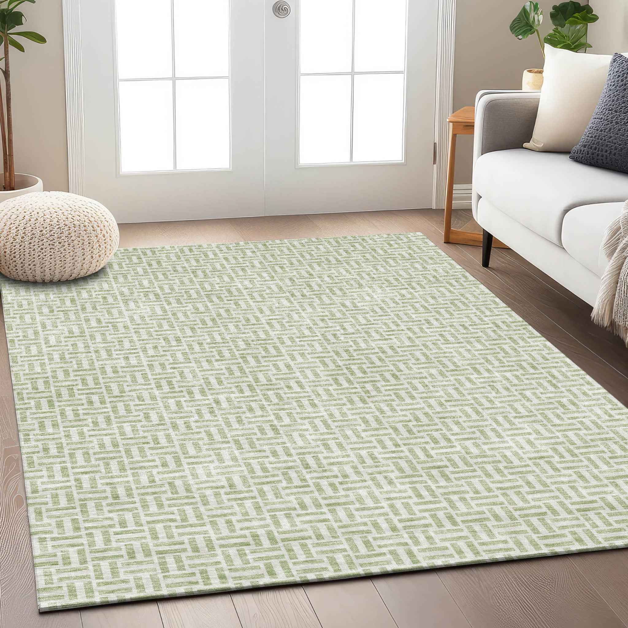 5' X 8' Artichoke Green And Gray Geometric Washable Indoor Outdoor Area Rug