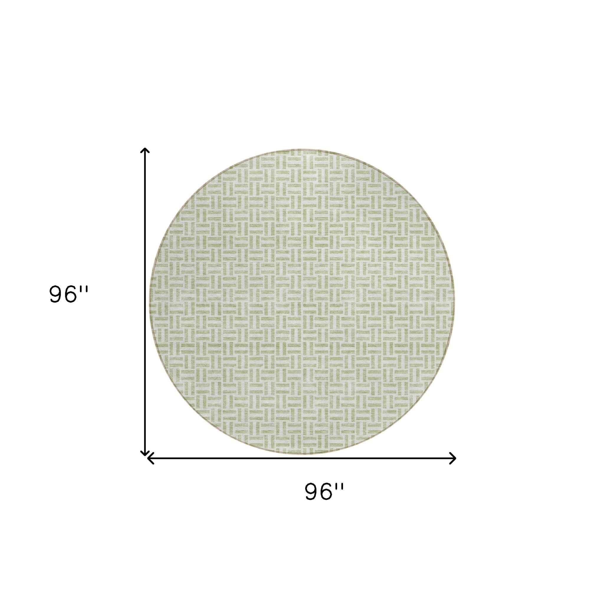 8' Artichoke Green And Gray Round Geometric Washable Indoor Outdoor Area Rug