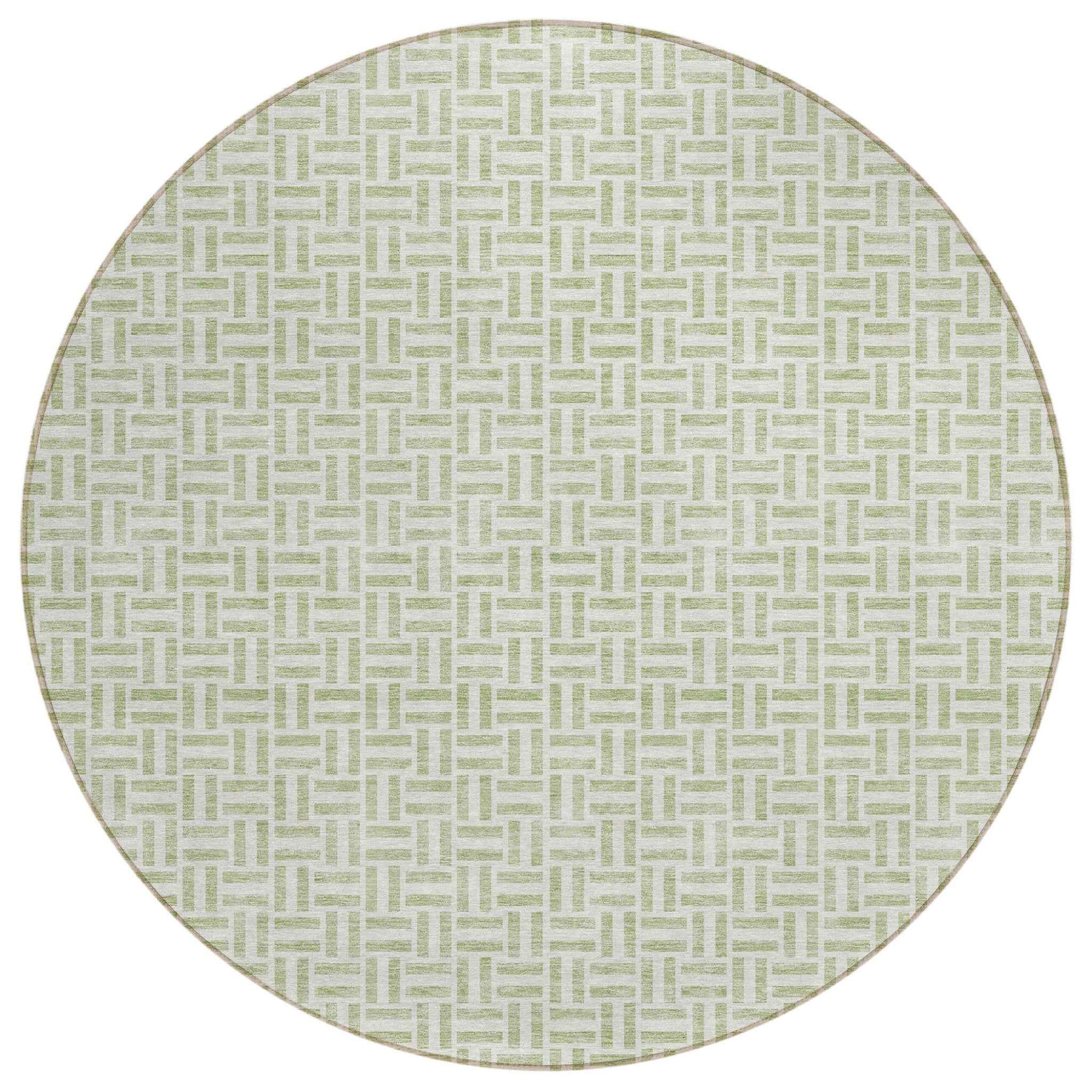 8' Artichoke Green And Gray Round Geometric Washable Indoor Outdoor Area Rug