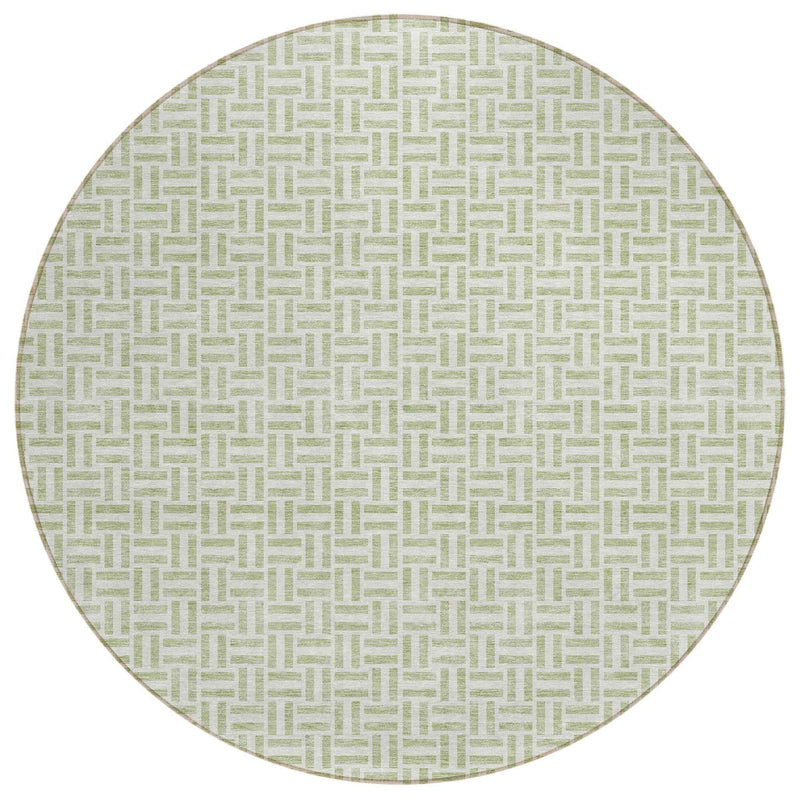 8' Artichoke Green And Gray Round Geometric Washable Indoor Outdoor Area Rug
