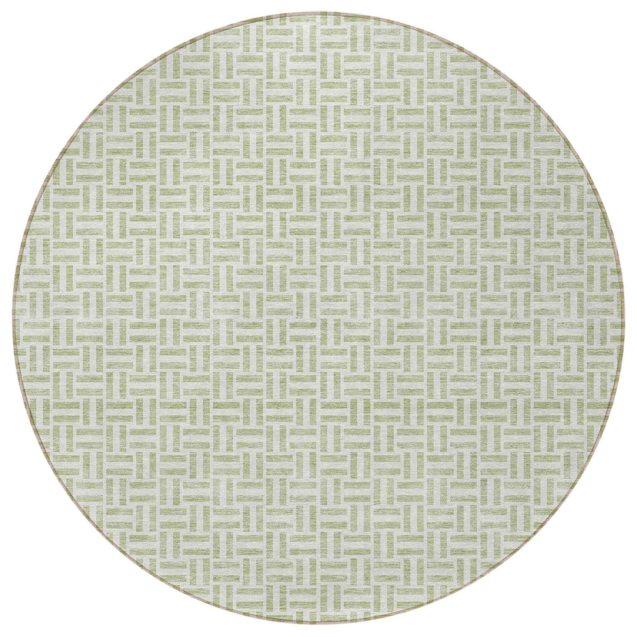 8' Artichoke Green And Gray Round Geometric Washable Indoor Outdoor Area Rug
