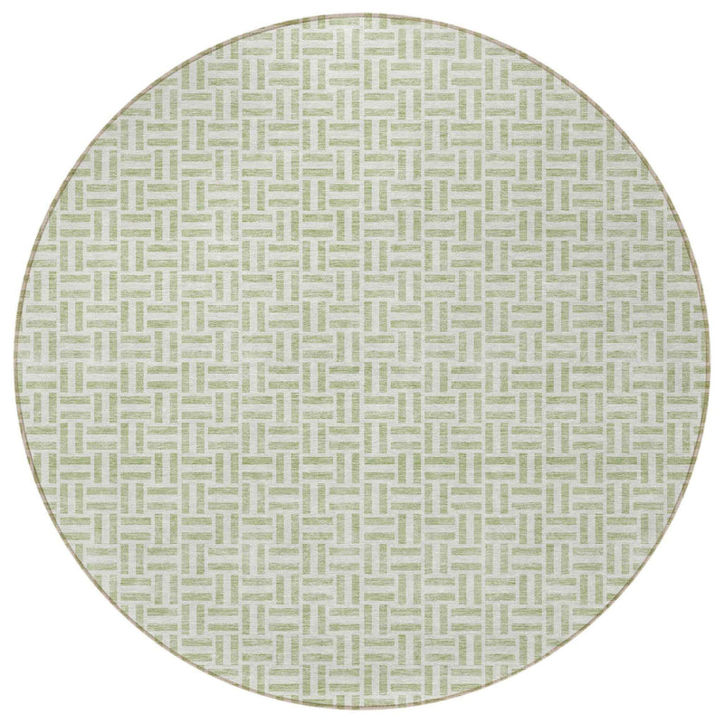 8' Artichoke Green And Gray Round Geometric Washable Indoor Outdoor Area Rug