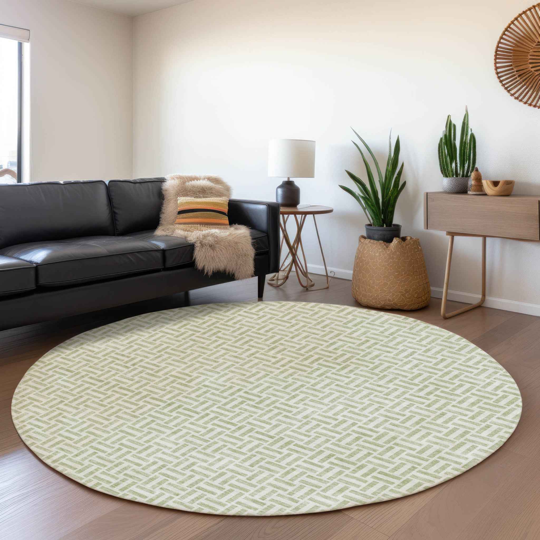 8' Artichoke Green And Gray Round Geometric Washable Indoor Outdoor Area Rug