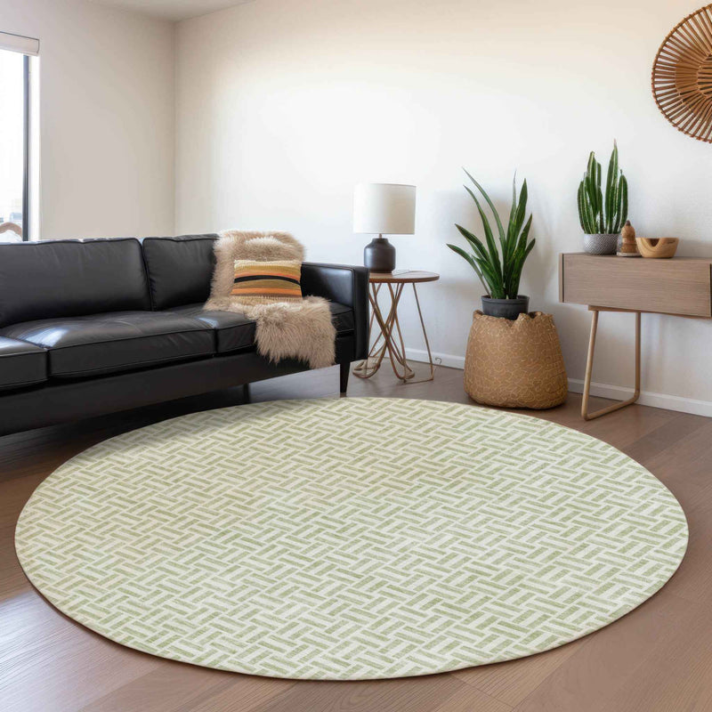 8' Artichoke Green And Gray Round Geometric Washable Indoor Outdoor Area Rug