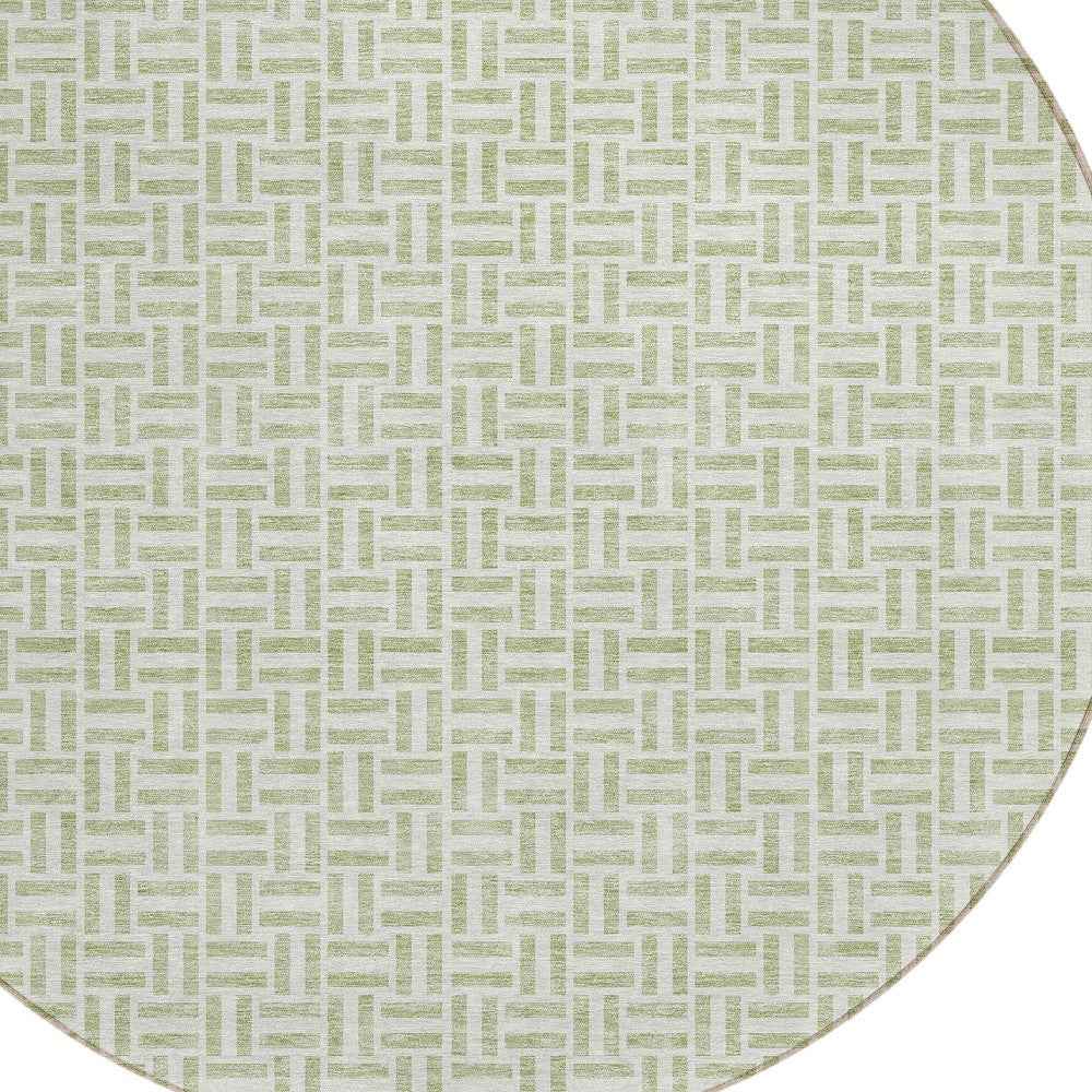 8' Artichoke Green And Gray Round Geometric Washable Indoor Outdoor Area Rug