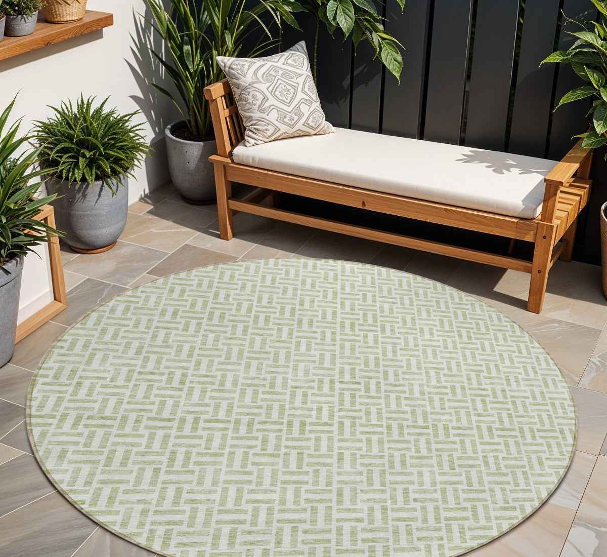 8' Artichoke Green And Gray Round Geometric Washable Indoor Outdoor Area Rug