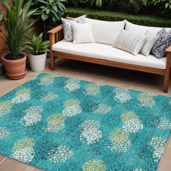 10' X 14' Emerald Gray And Ivory Polka Dot Washable Indoor Outdoor Area Rug
