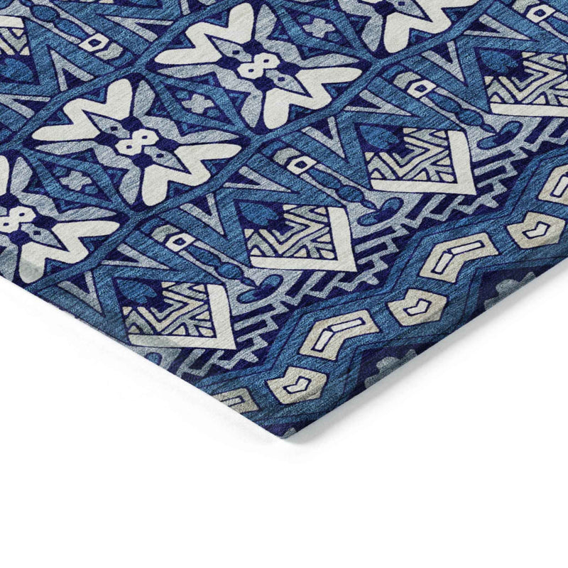 8' X 10' Navy Blue And Ivory Moroccan Washable Indoor Outdoor Area Rug