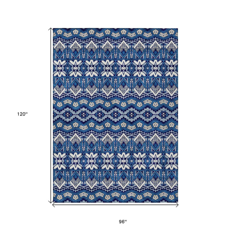 8' X 10' Navy Blue And Ivory Moroccan Washable Indoor Outdoor Area Rug
