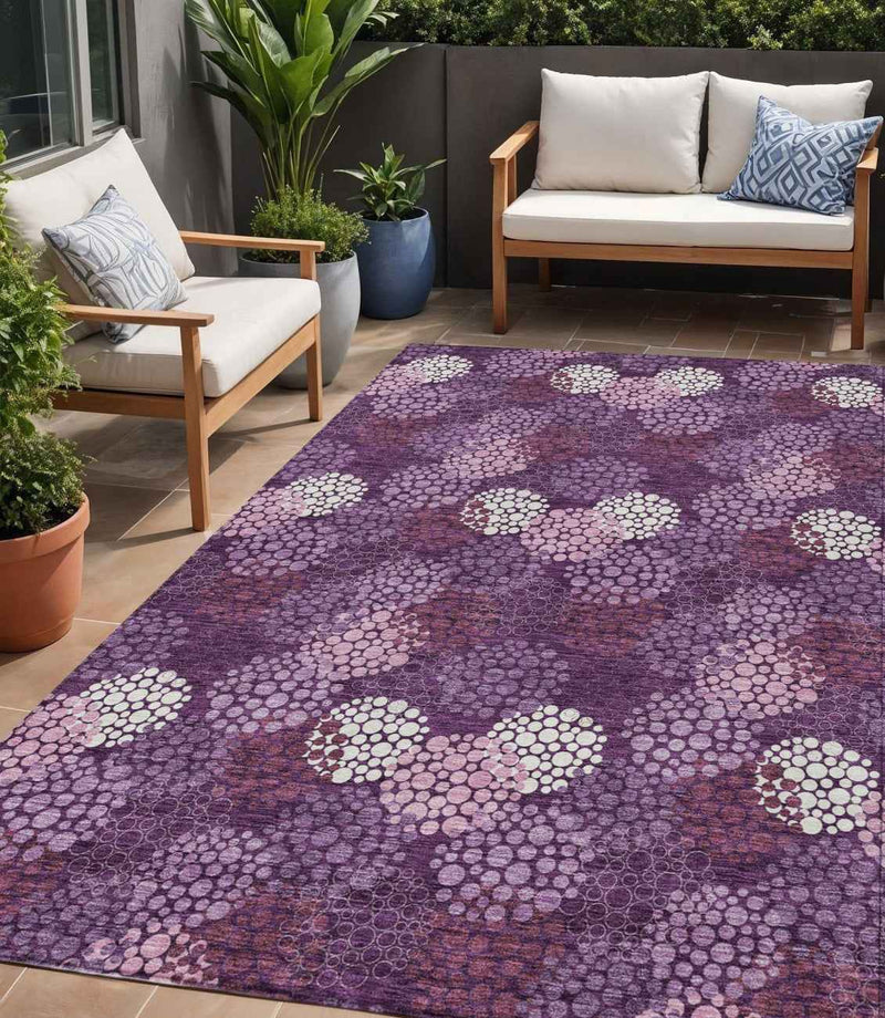 5' X 8' Eggplant Lavender And Ivory Polka Dot Washable Indoor Outdoor Area Rug