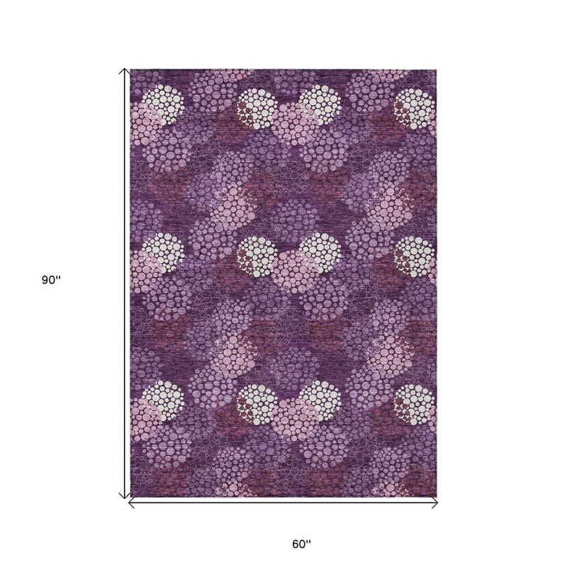 5' X 8' Eggplant Lavender And Ivory Polka Dot Washable Indoor Outdoor Area Rug