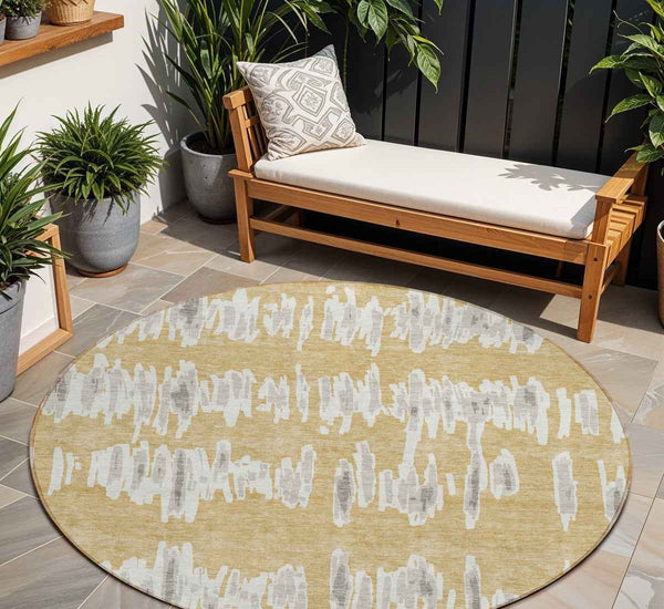 8' Gold Gray And Ivory Round Striped Washable Indoor Outdoor Area Rug