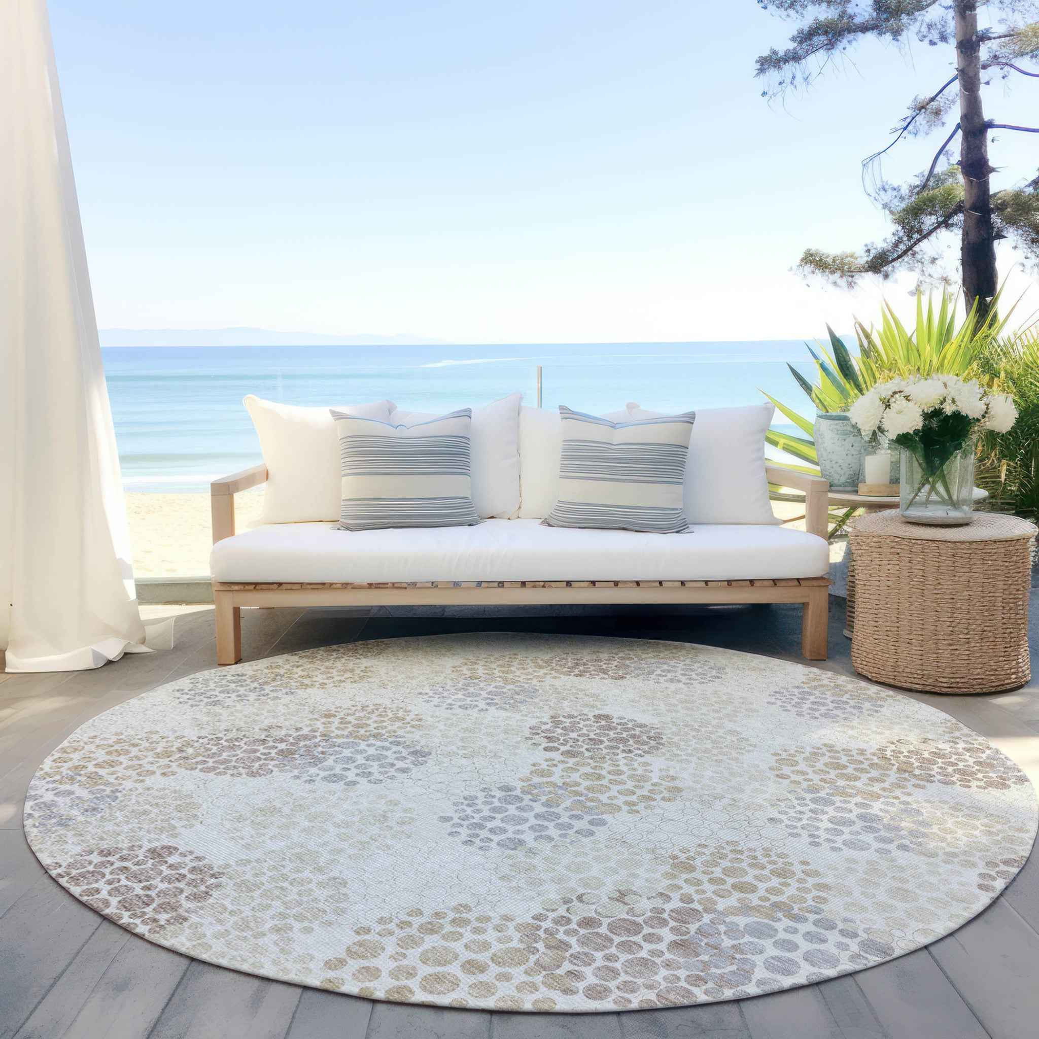 8' Ivory Brown And Gray Round Polka Dot Washable Indoor Outdoor Area Rug