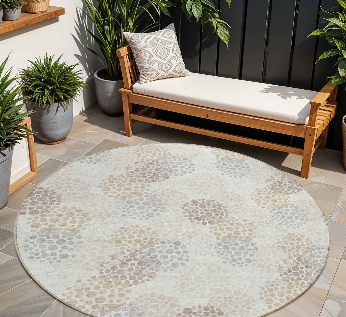 8' Ivory Brown And Gray Round Polka Dot Washable Indoor Outdoor Area Rug