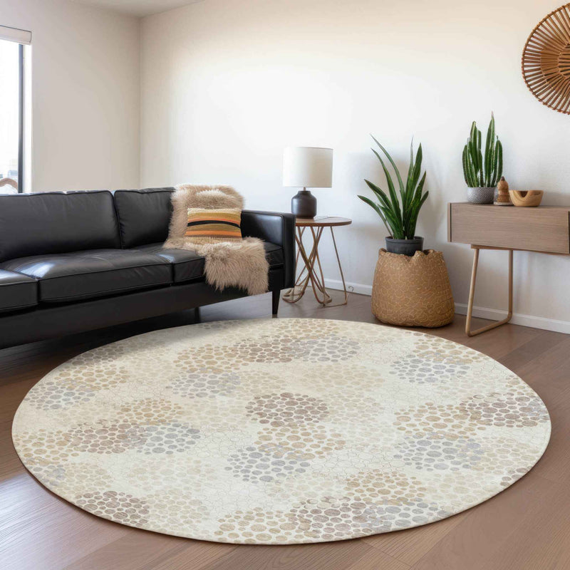 8' Ivory Brown And Gray Round Polka Dot Washable Indoor Outdoor Area Rug