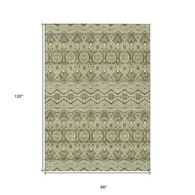 8' X 10' Artichoke Green Gray And Ivory Moroccan Washable Indoor Outdoor Area Rug