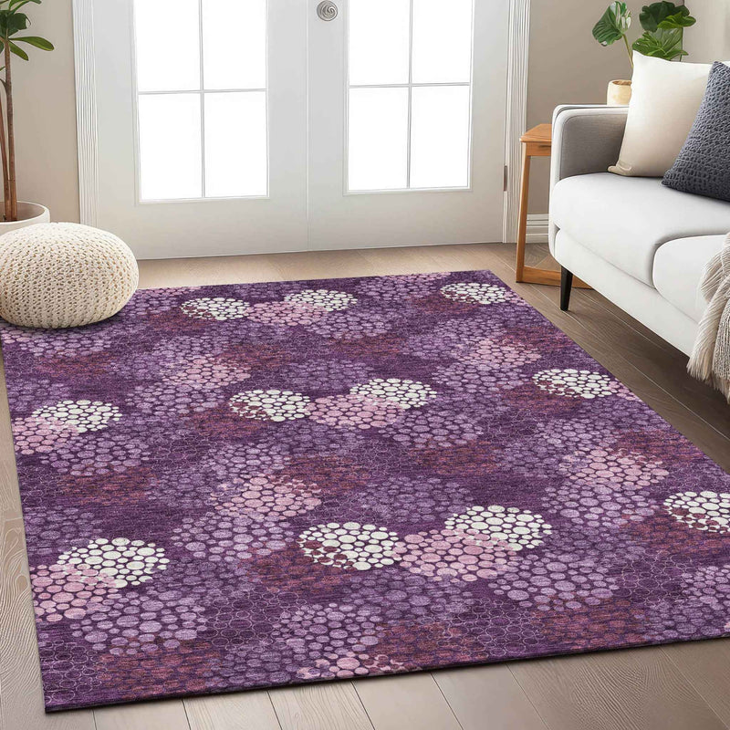 9' X 12' Eggplant Lavender And Ivory Polka Dot Washable Indoor Outdoor Area Rug