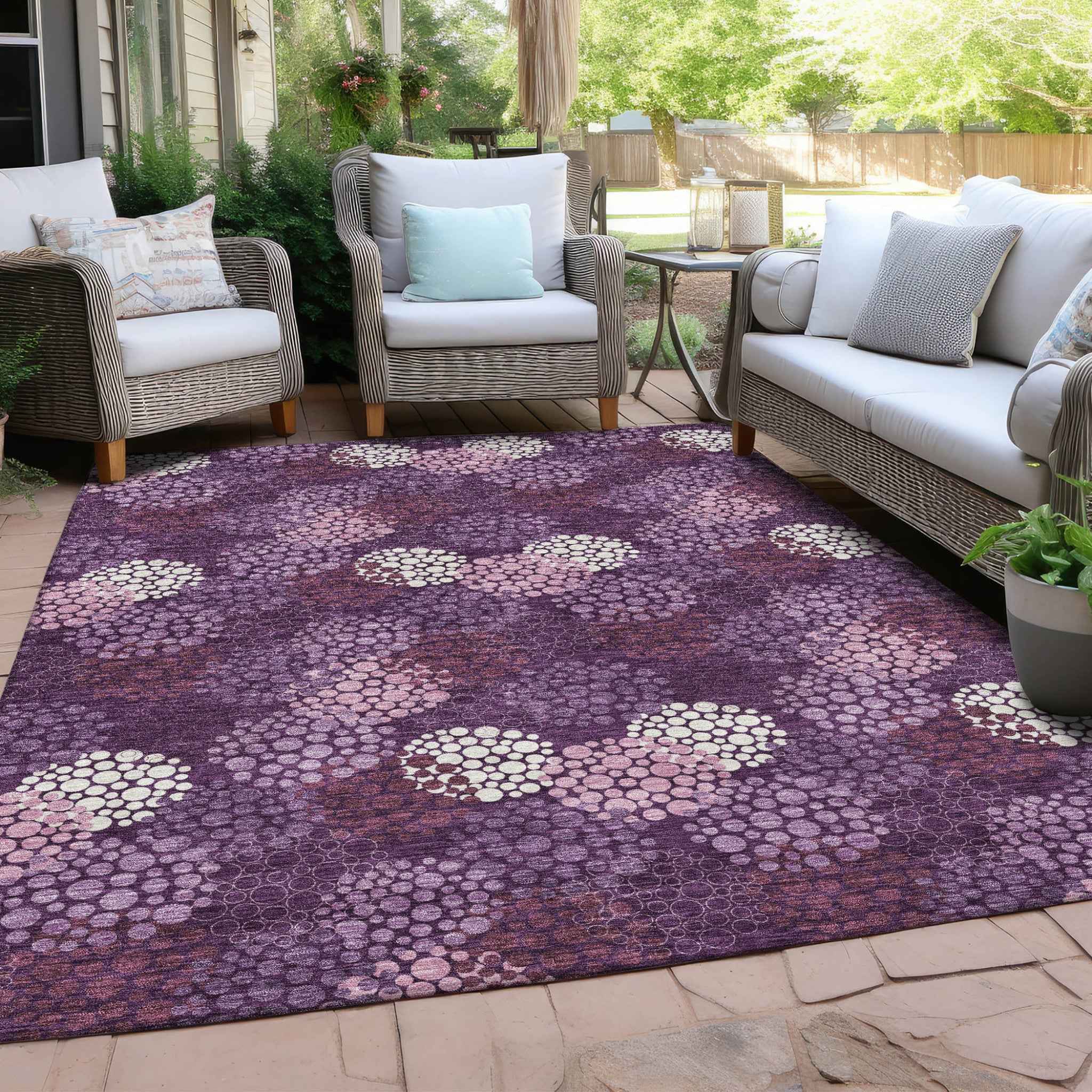 9' X 12' Eggplant Lavender And Ivory Polka Dot Washable Indoor Outdoor Area Rug