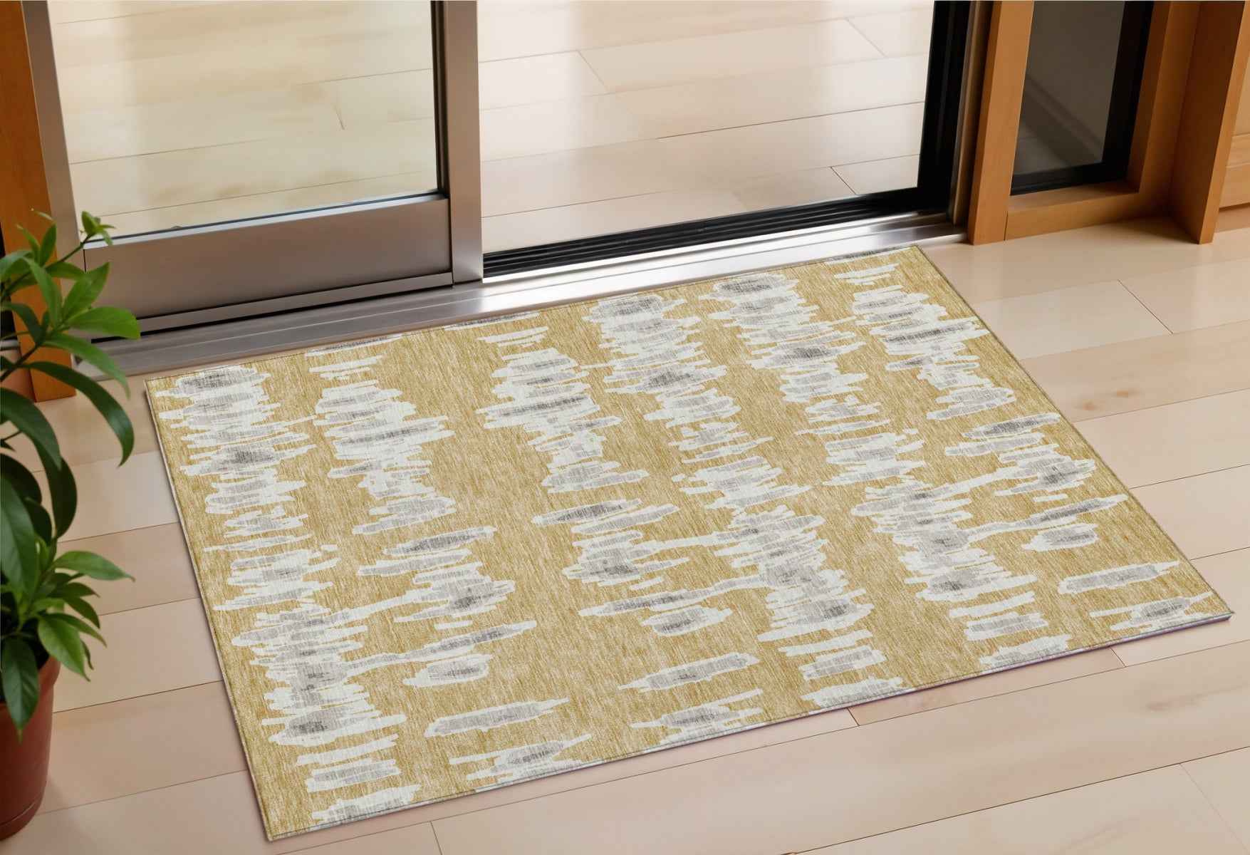 3' X 5' Gold Gray And Ivory Striped Washable Indoor Outdoor Area Rug
